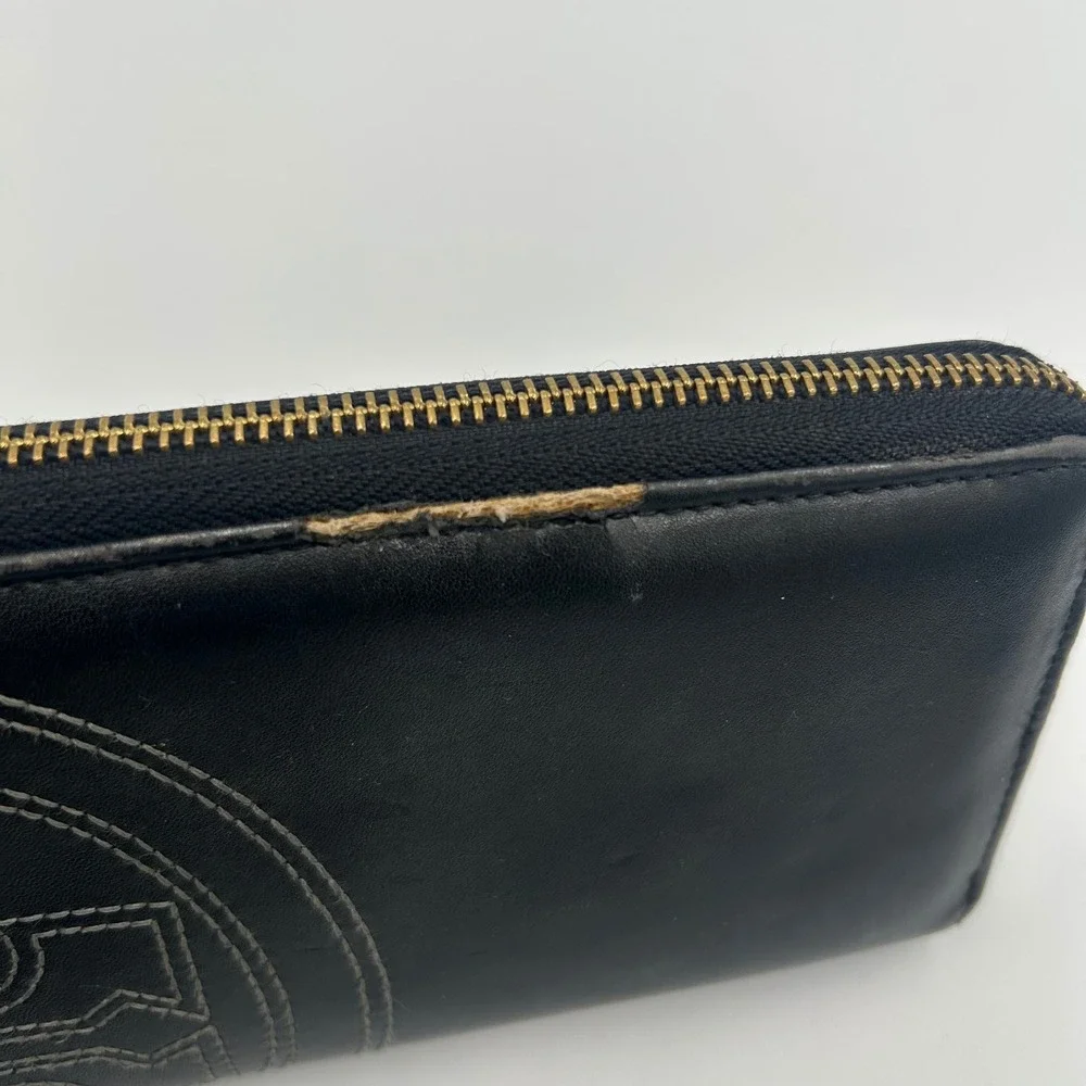 Tory Burch Wallet Womens OS Black Leather Stitched Logo Zip Around B-029